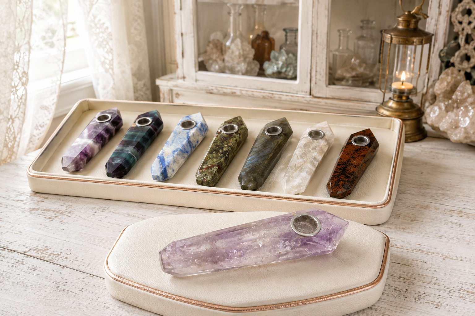 Natural Crystal & Gemstone Pipes Display Table