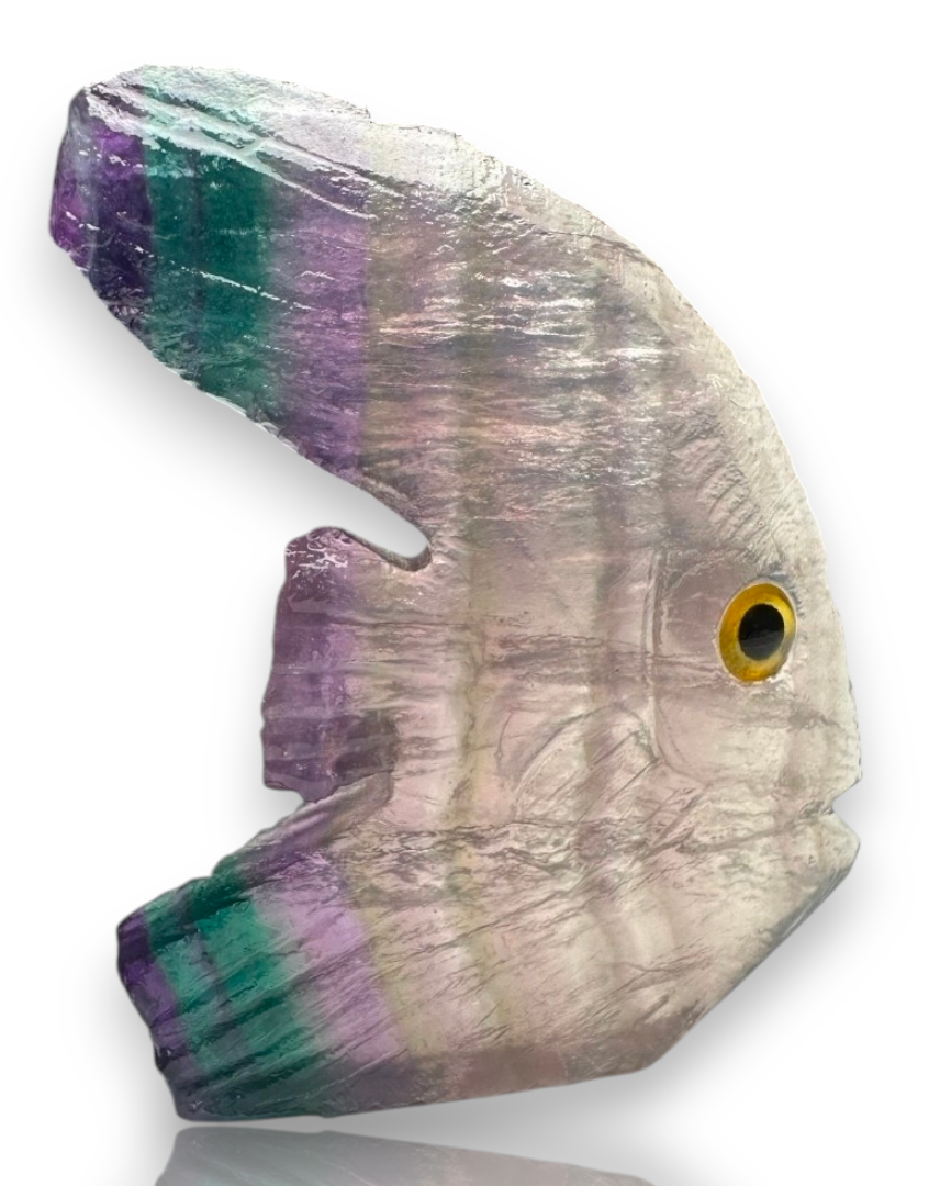 Natural Hand Carved Life Like Fluorite Crystal Tall Fish Stone Collectible