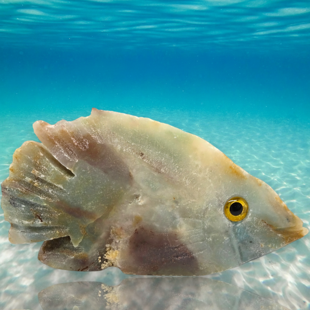 Crystal Chrysalis Haus  An underwater close-up of a translucent pale fish with a yellow eye swimming in clear blue ocean water.