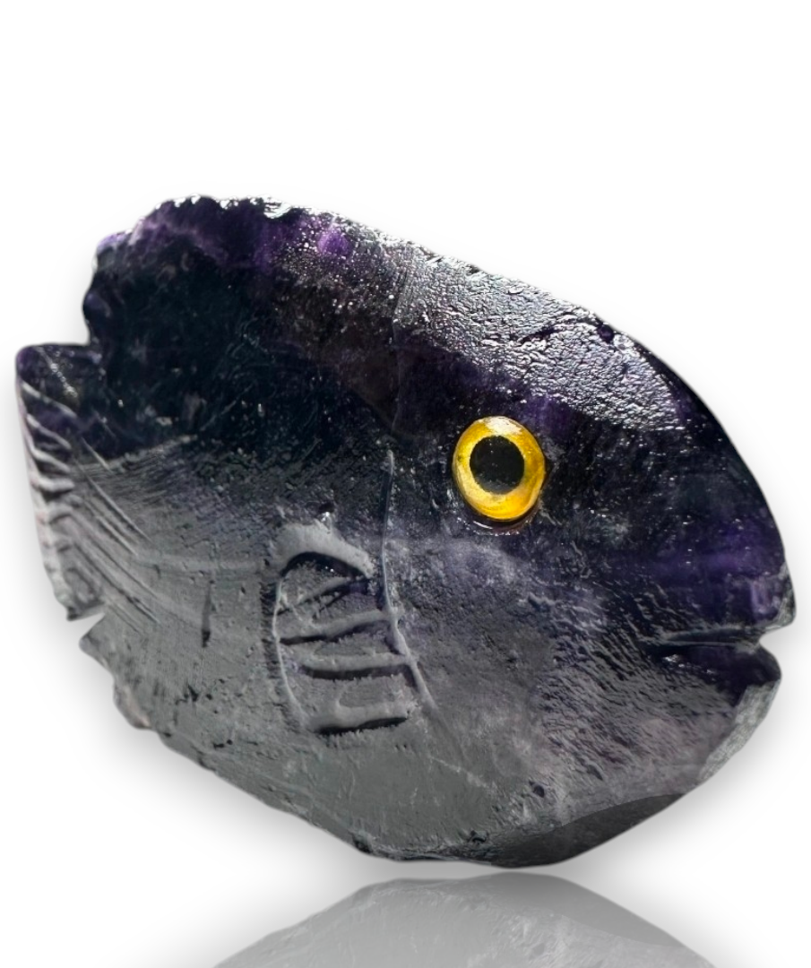 Curio Cabinet Deep Purple Fluorite Carved Life Like Fish Collectible