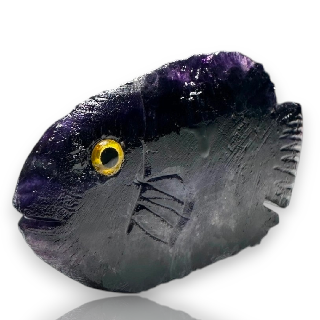 Curio Cabinet Deep Purple Fluorite Carved Life Like Fish Collectible
