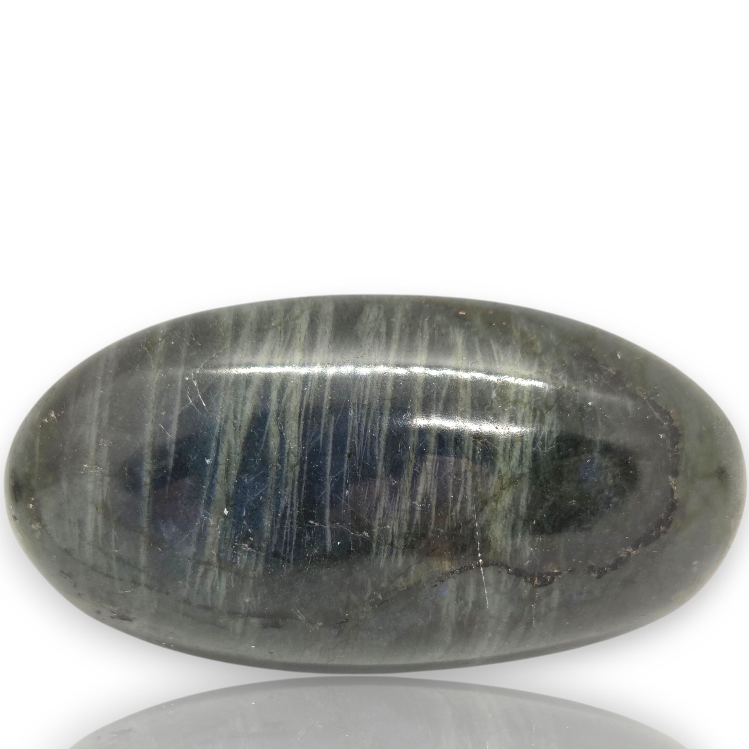 A polished oval labradorite stone with a dark gray and blue iridescent sheen, displayed on a white background 