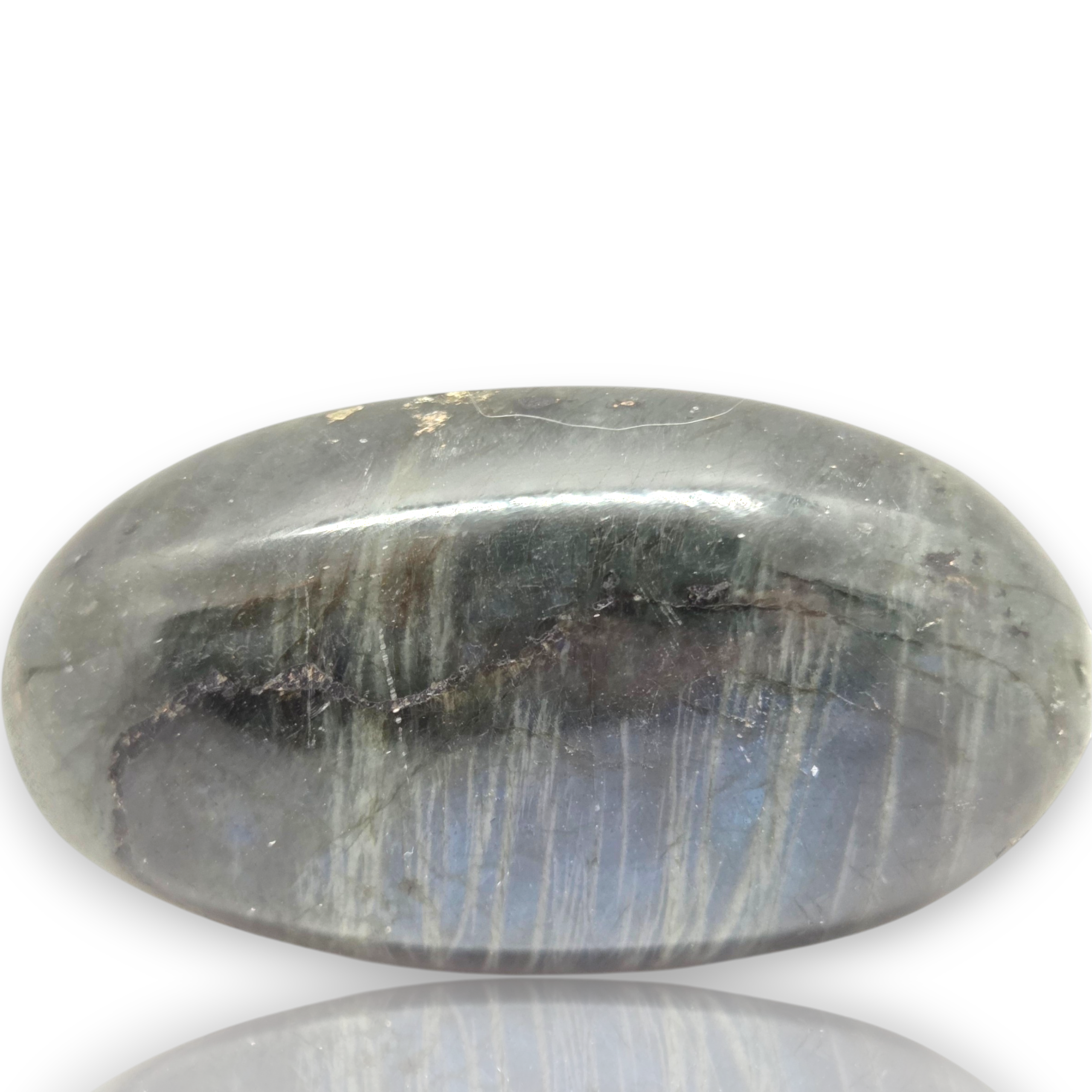A polished oval labradorite stone with a gray base and iridescent blue flashes, displayed on a white background
