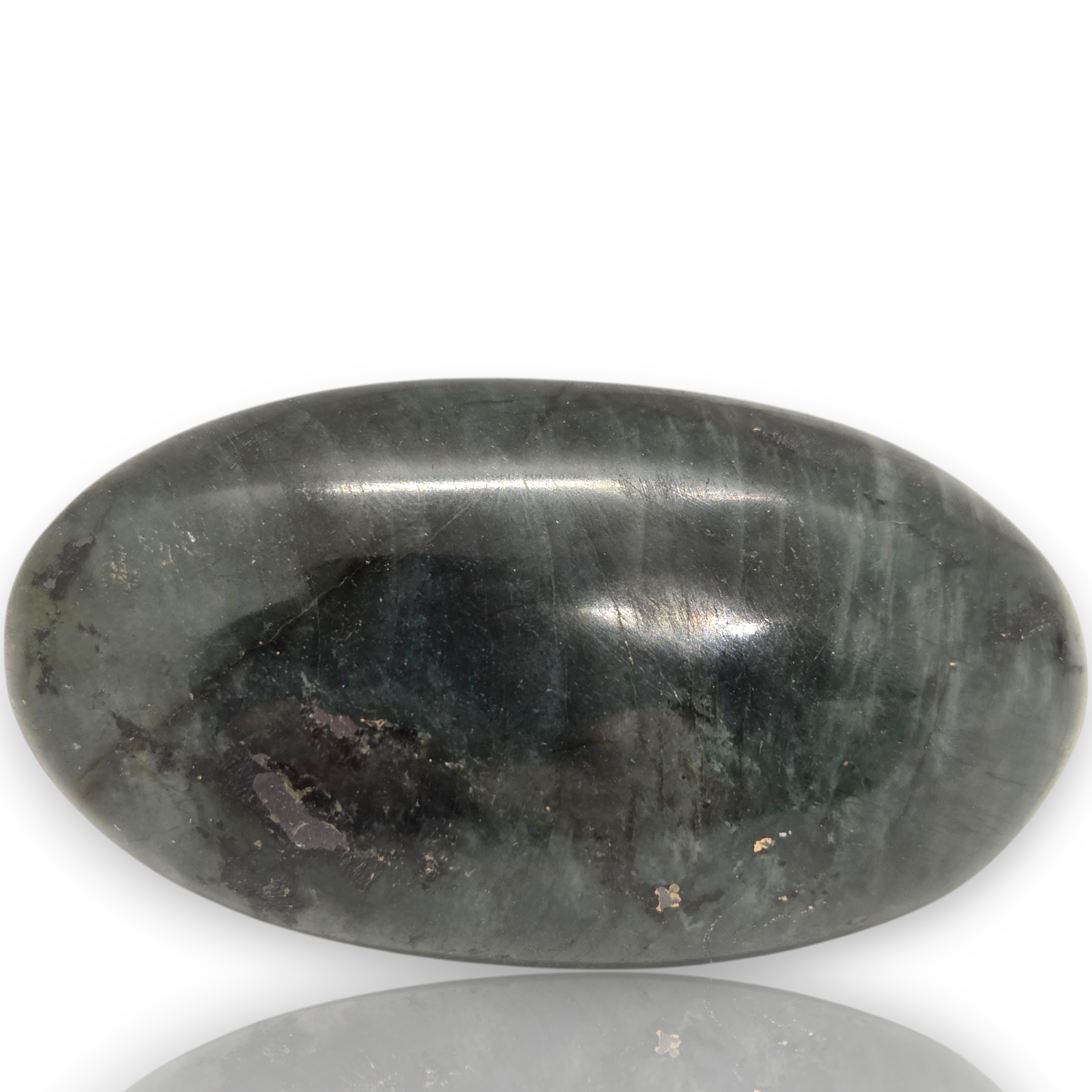 A polished dark gray stone oval with natural marbling and a glossy finish, displayed on a white background