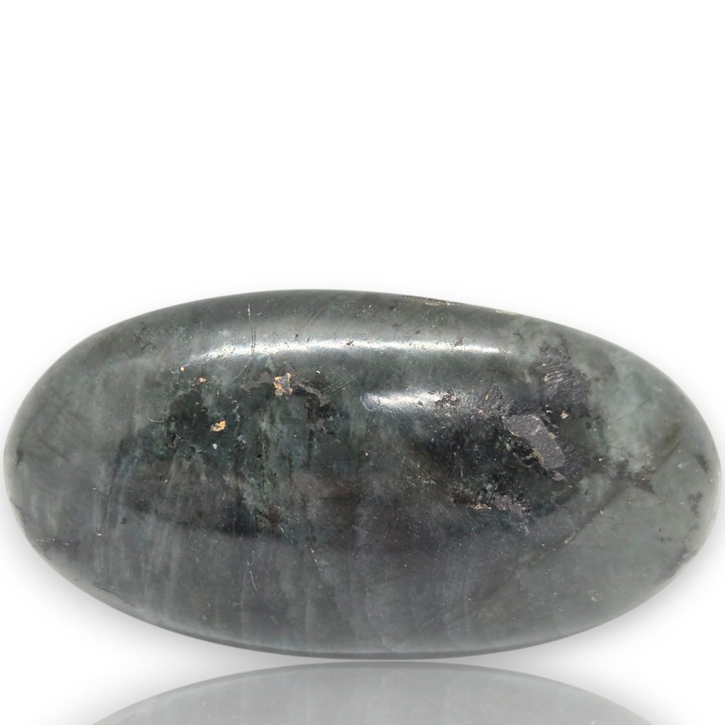 A polished dark gray stone cabochon with natural marbling and inclusions, displayed on a white background 