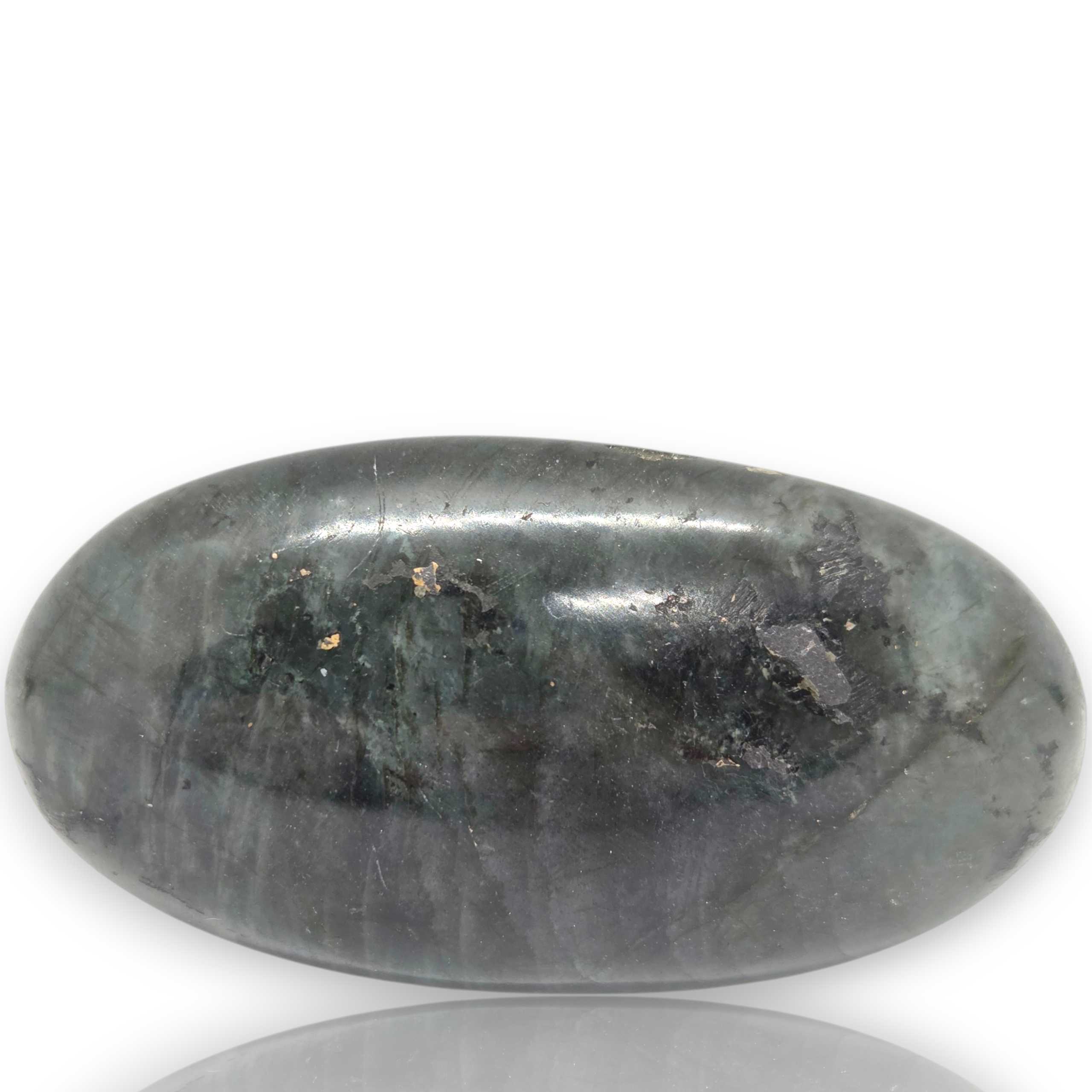 A polished dark gray stone cabochon with natural marbling and inclusions, displayed on a white background 