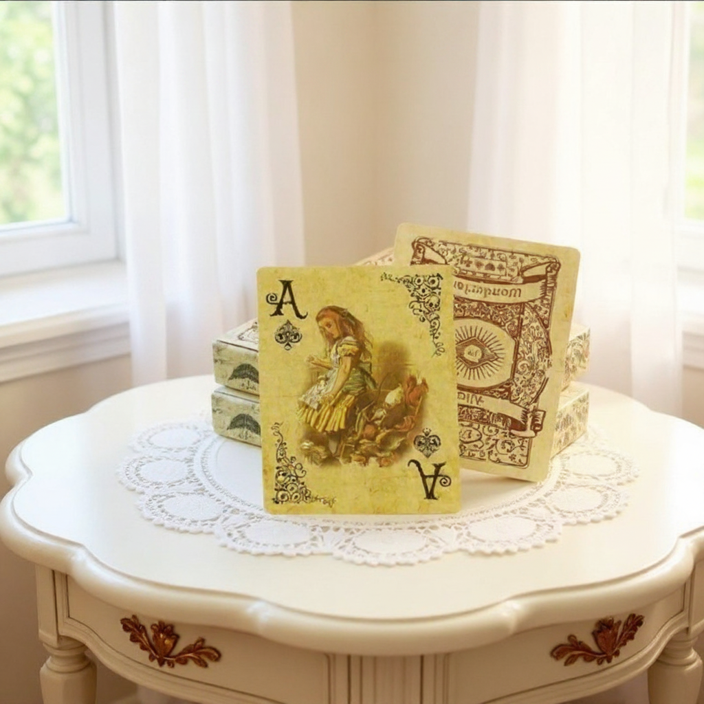 A stack of vintage-style playing cards displayed on a white table with a lace doily, set in a softly lit room with a window and sheer curtains. The front card shows an illustrated figure and the text 'A' and 'V', while the back of another card is visible behind it.