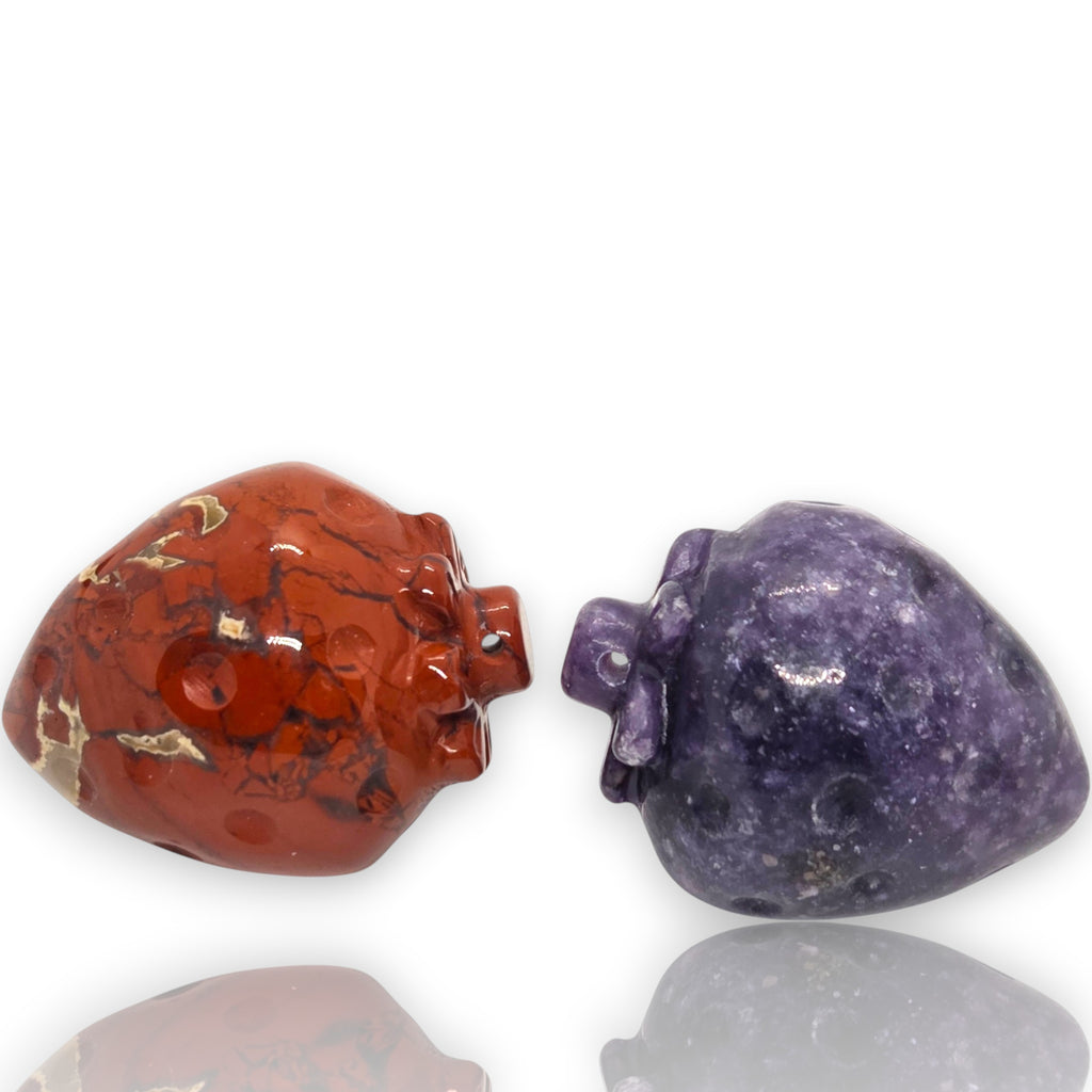 2 - Natural Red Jasper and Lepidolite Strawberry Drilled Pendant Charm Stones