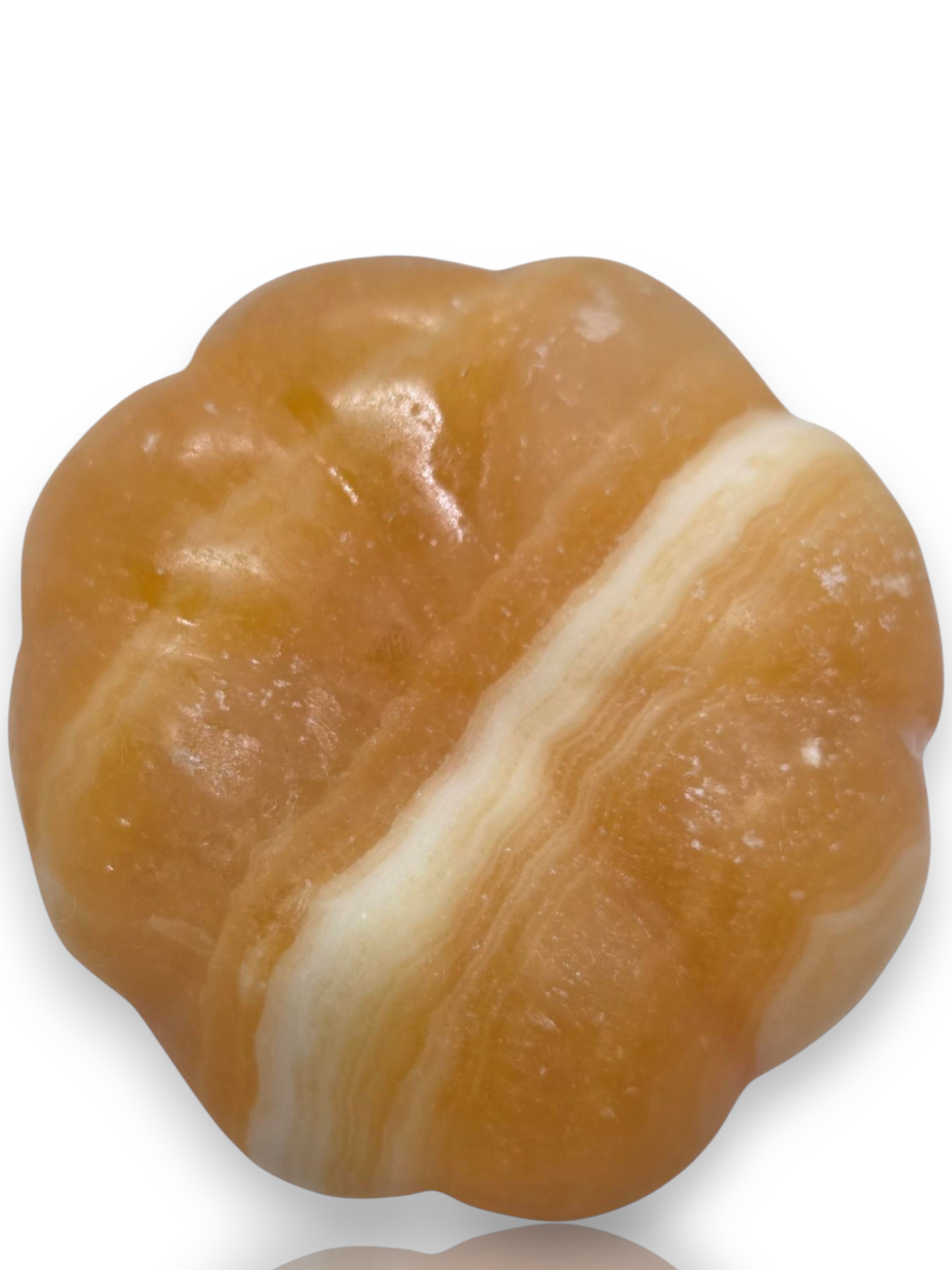 A single irregular, rounded amber-orange translucent object with a diagonal creamy white band, photographed on a white background. 