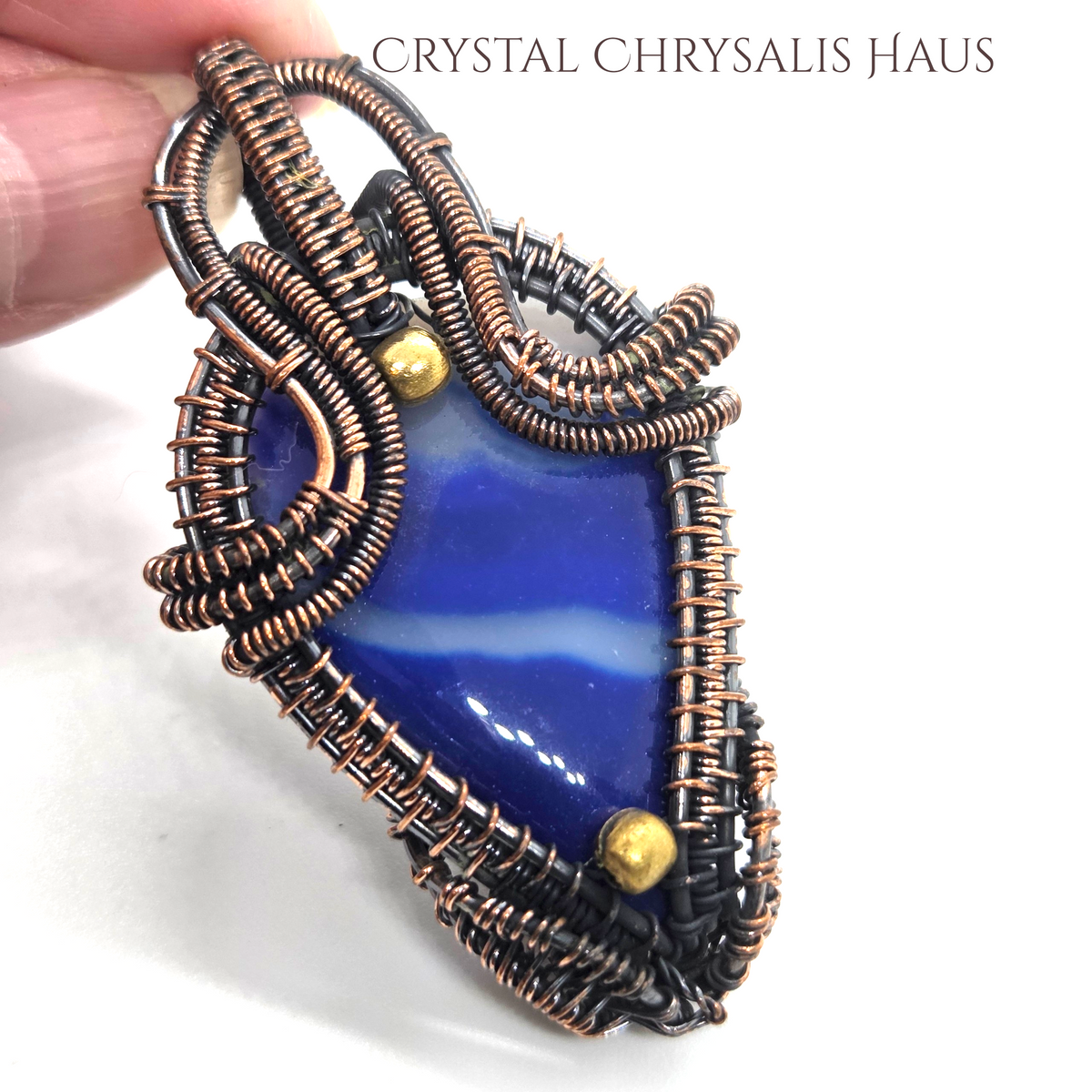 Copper Natural Blue Banded Agate Gemstone Wire Wrap Pendant