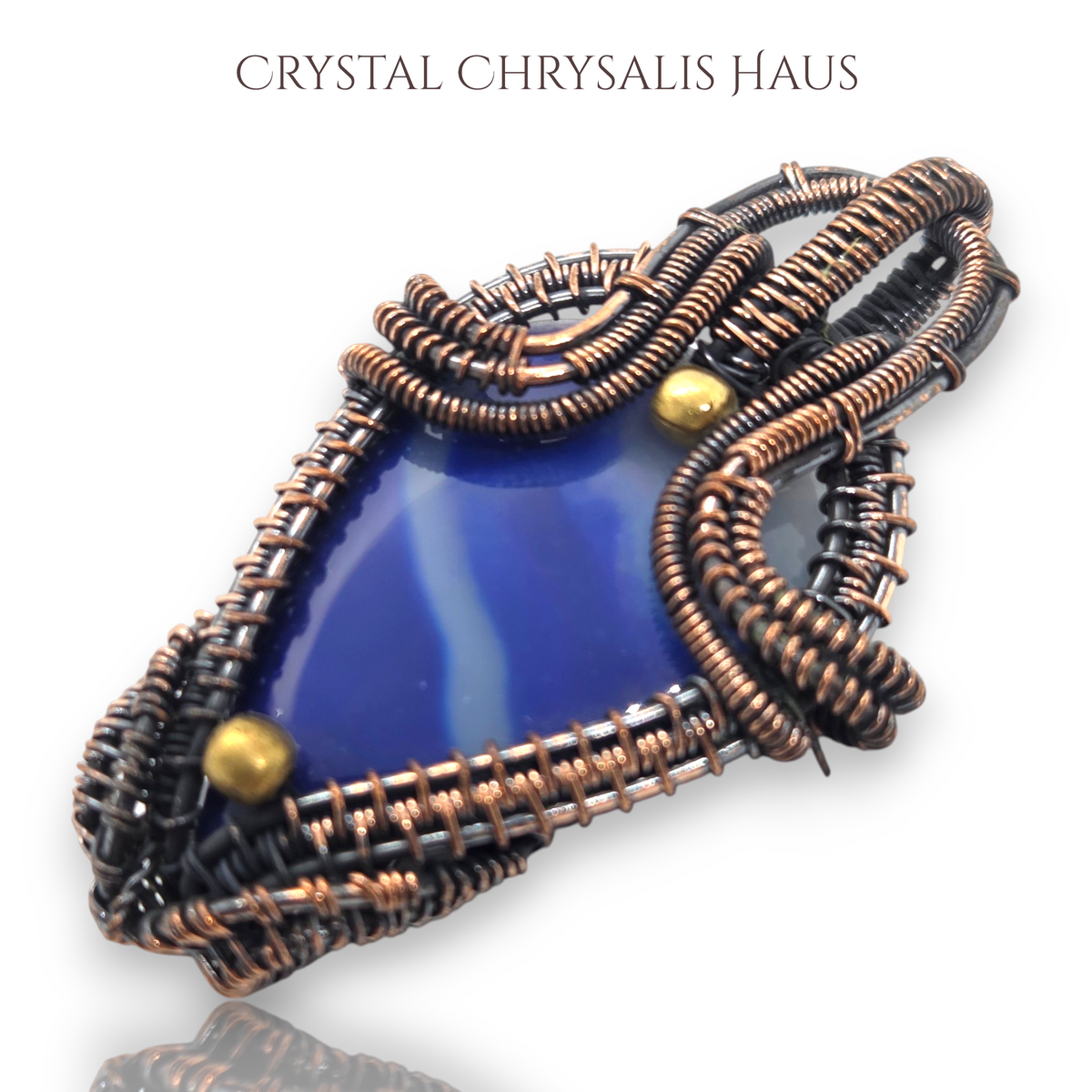 Copper Natural Blue Banded Agate Gemstone Wire Wrap Pendant