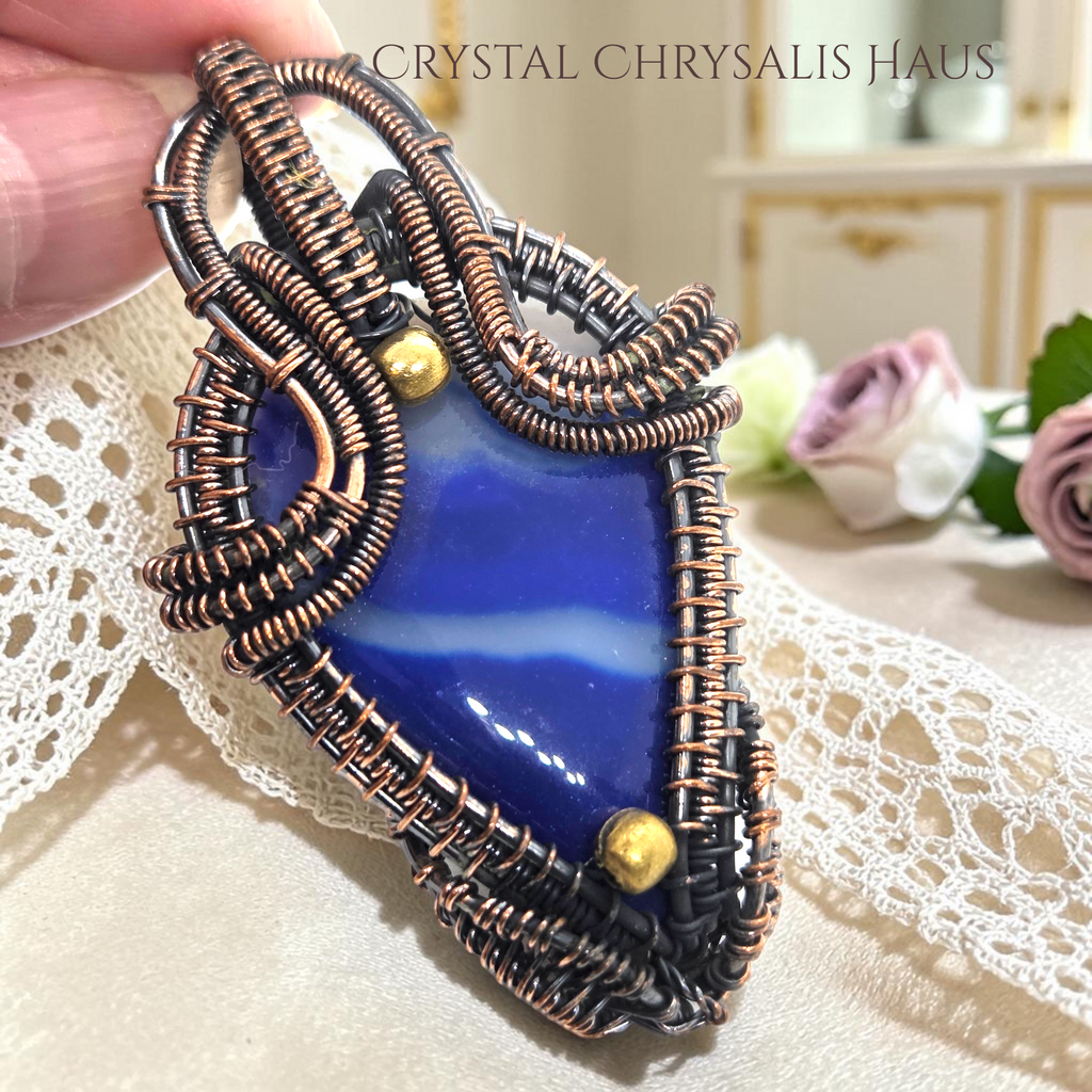Copper Natural Blue Banded Agate Gemstone Wire Wrap Pendant