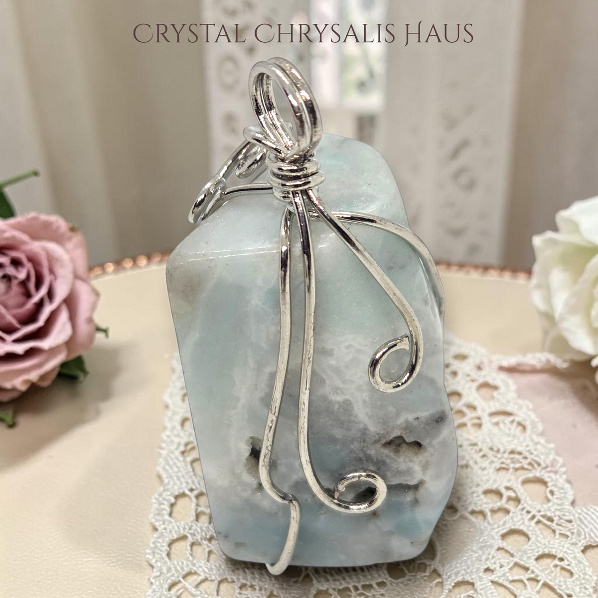 Crystal Chrysalis Haus Silver Wire Wrap Blue Lace Agate Gemstone Pendant shot