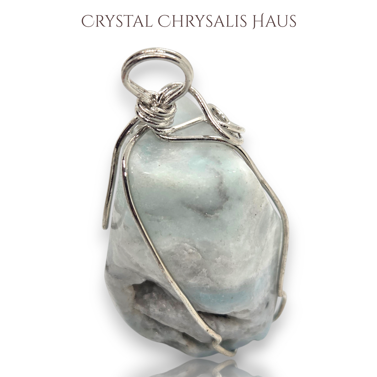 Crystal Chrysalis Haus Silver Wire Wrap Blue Lace Agate Gemstone Pendant