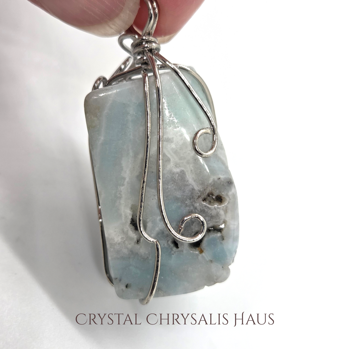 Crystal Chrysalis Haus Silver Wire Wrap Blue Lace Agate Gemstone Pendant