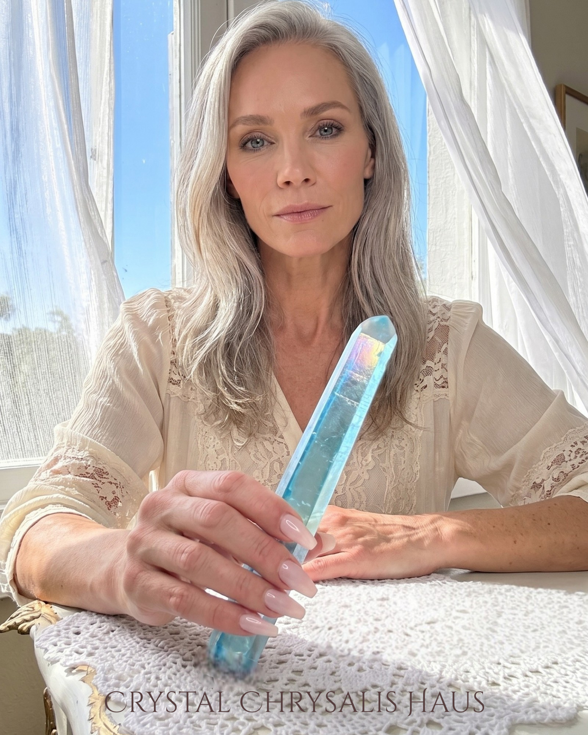 Natural Rainbow Blue Aura Clear Striated Lemurian Crystal Point Wand