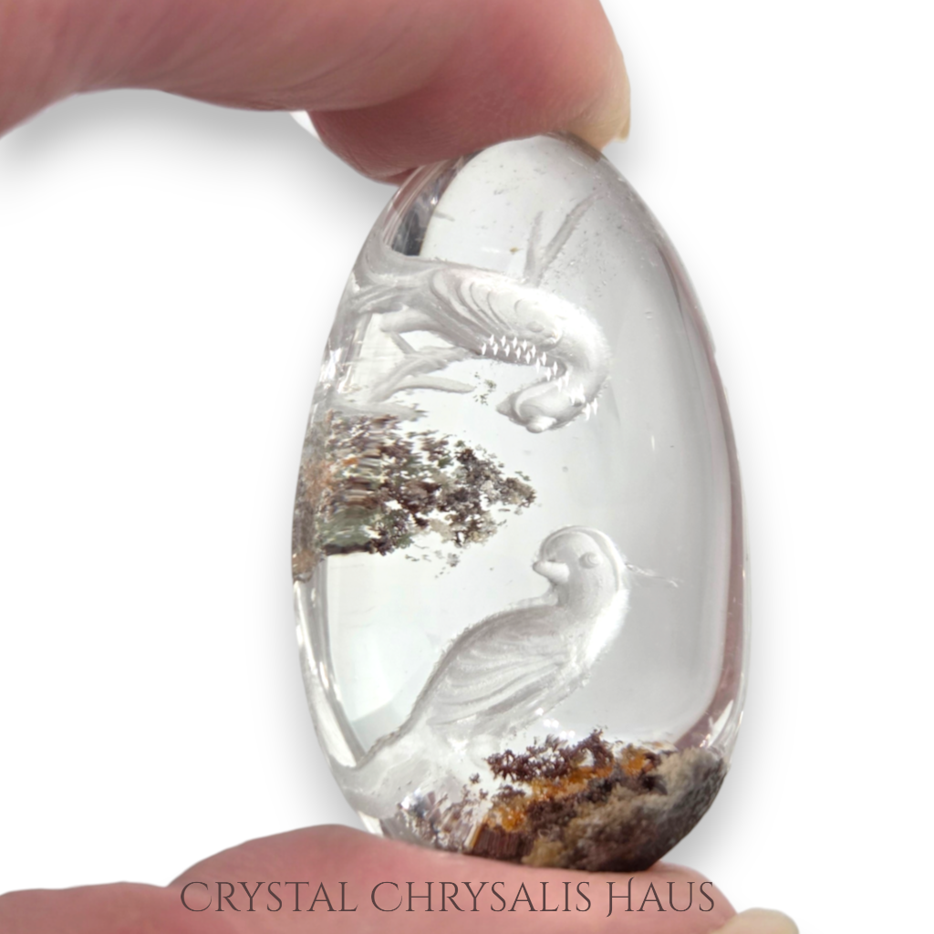 RARE A+ Water Clear Carved Birds Inner Scene Quartz Crystal