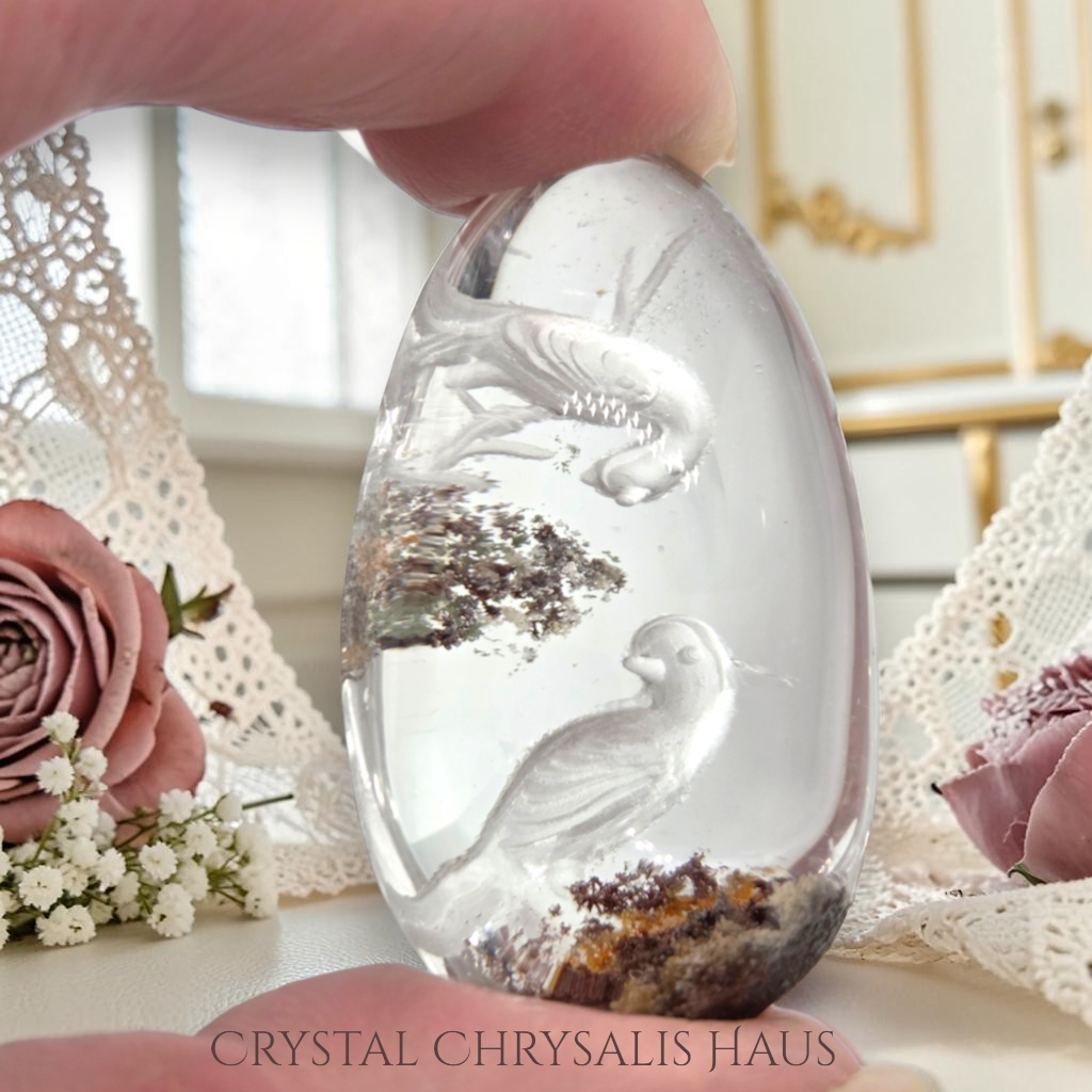 RARE A+ Water Clear Carved Birds Inner Scene Quartz Crystal