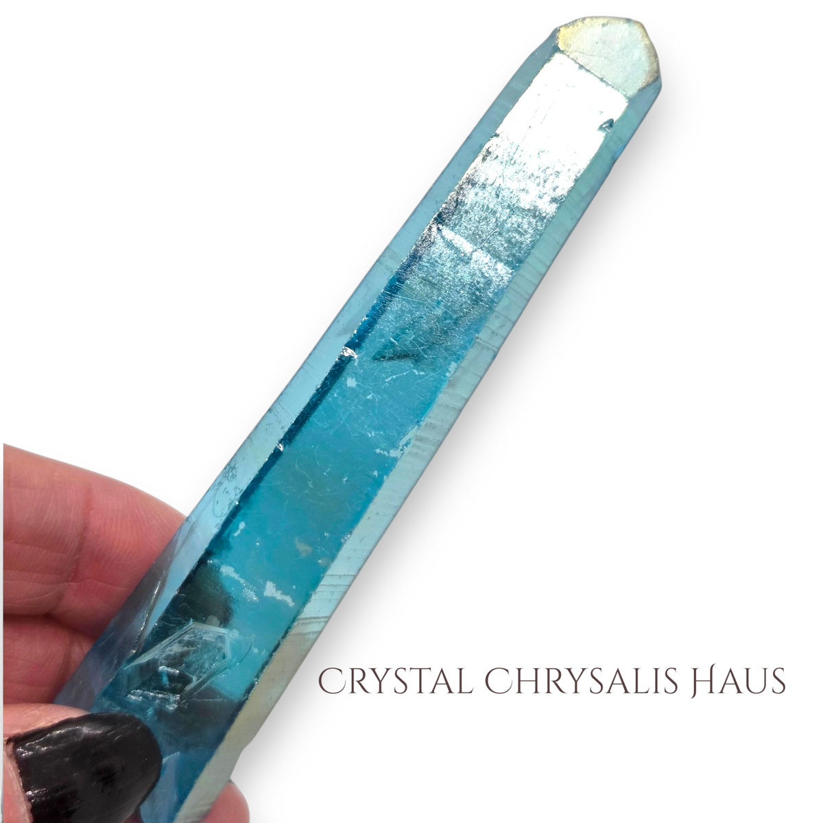Natural Rainbow Blue Aura Clear Striated Lemurian Crystal Point Wand