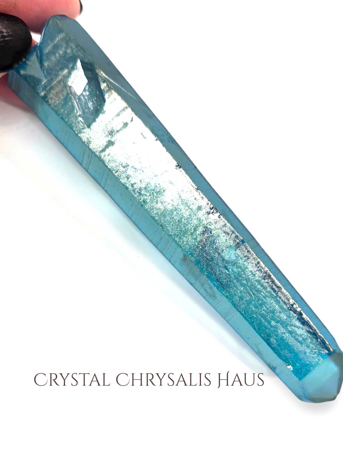 Natural Rainbow Blue Aura Clear Striated Lemurian Crystal Point Wand