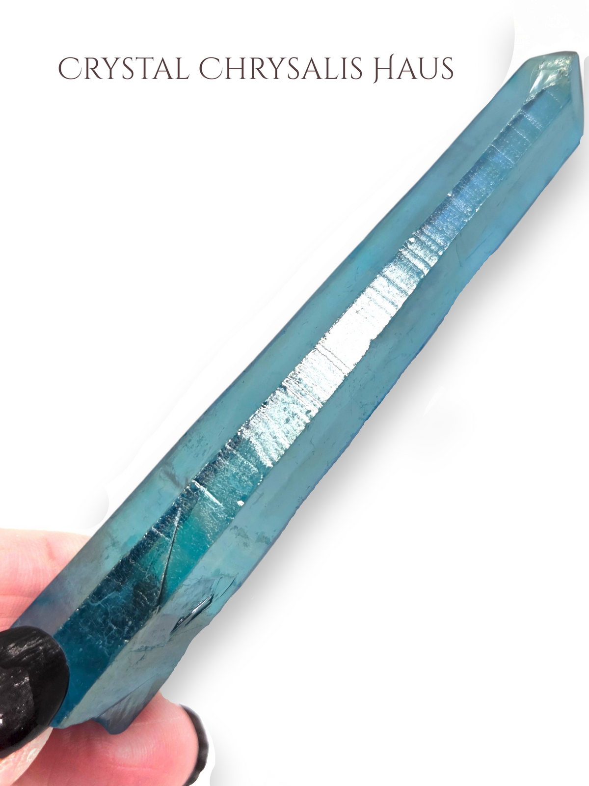 Natural Rainbow Blue Aura Clear Striated Lemurian Crystal Point Wand