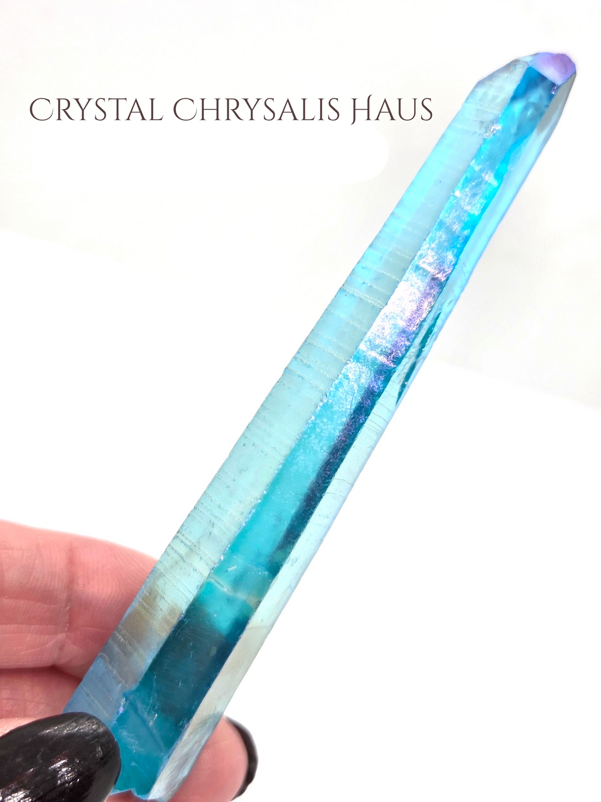 Natural Rainbow Blue Aura Clear Striated Lemurian Crystal Point Wand