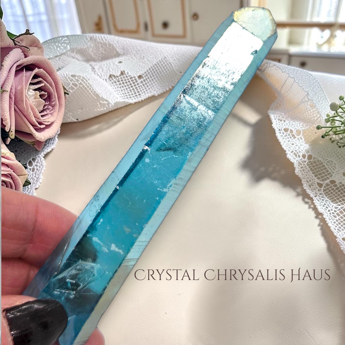 Natural Rainbow Blue Aura Clear Striated Lemurian Crystal Point Wand