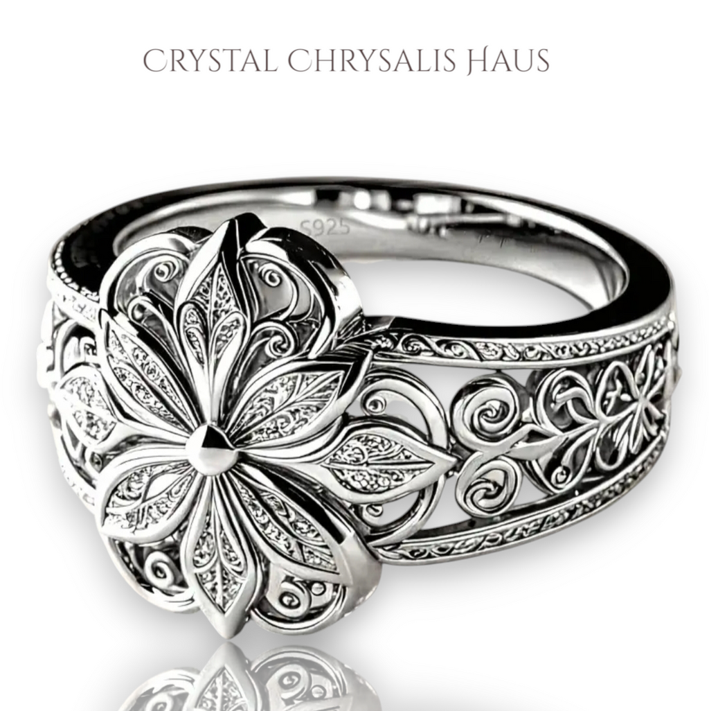 Sterling Silver Wide Floral Detailed Filigree Design Band  Ring