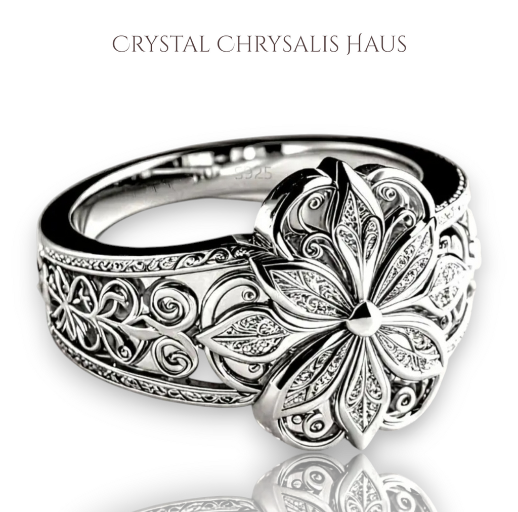 Sterling Silver Wide Floral Detailed Filigree Design Band  Ring