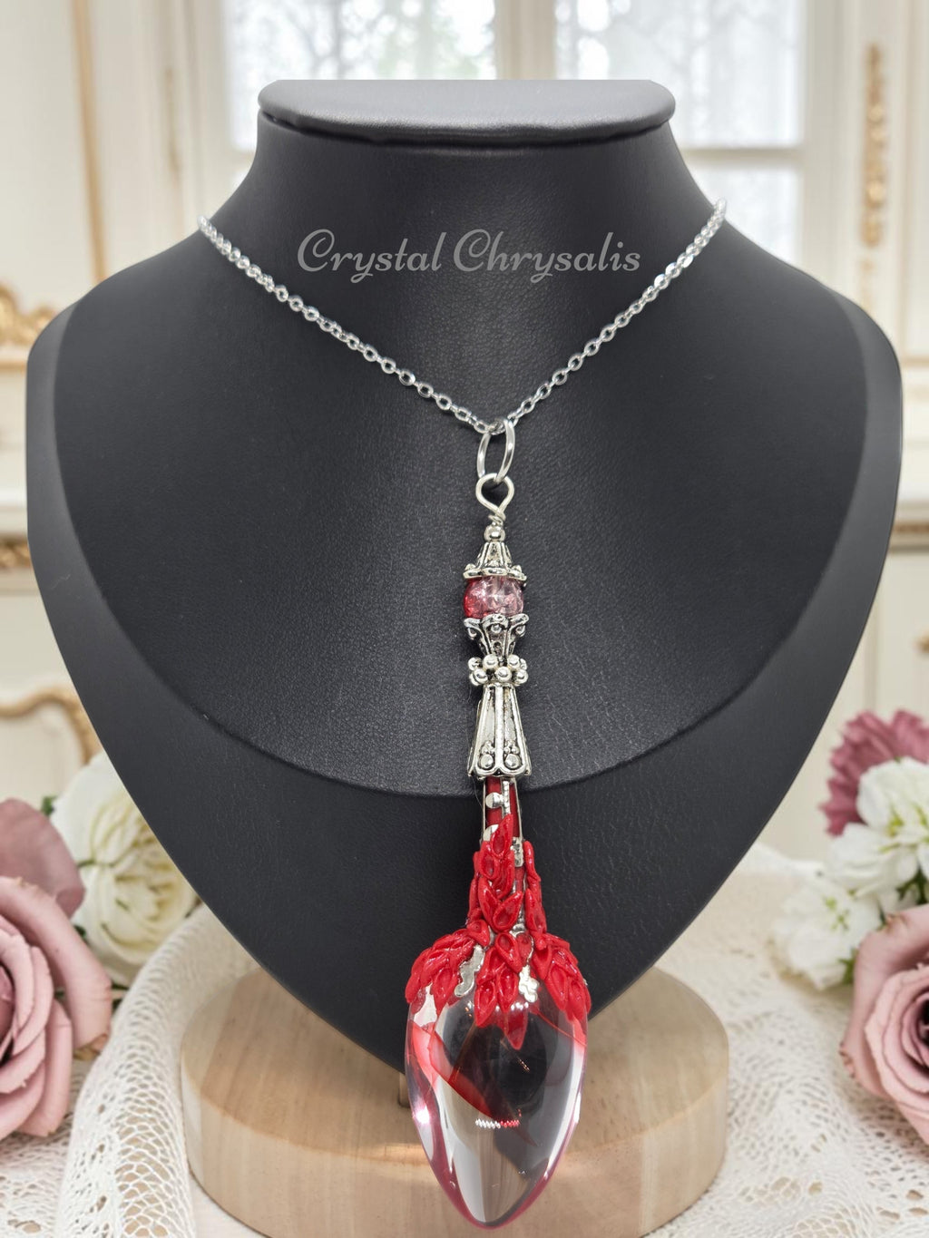 Handmade Old World Antique Silver Red Phantom Crystal Pendant Pendulum Necklace