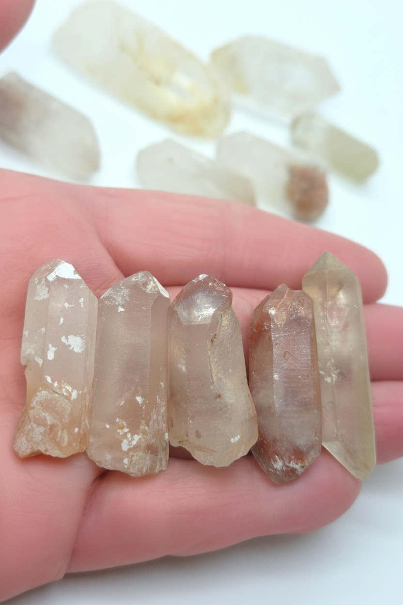 Crystal Chrysalis Haus Five raw, rough quartz crystal points held in a person's hand, with more crystals blurred in the background. 