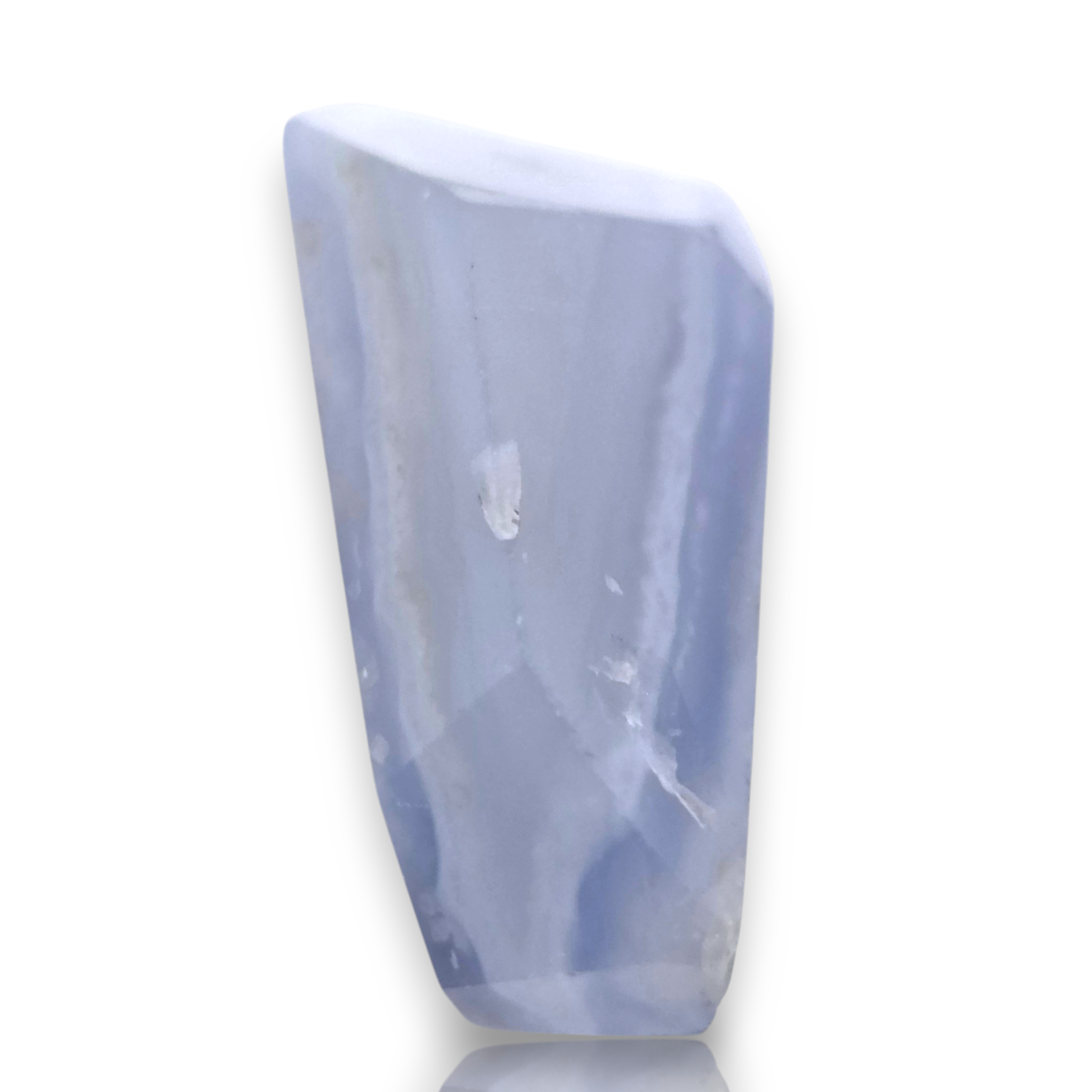 Crystal Chrysalis Haus A faceted light blue crystal stone with natural white inclusions, displayed on a clean white background 