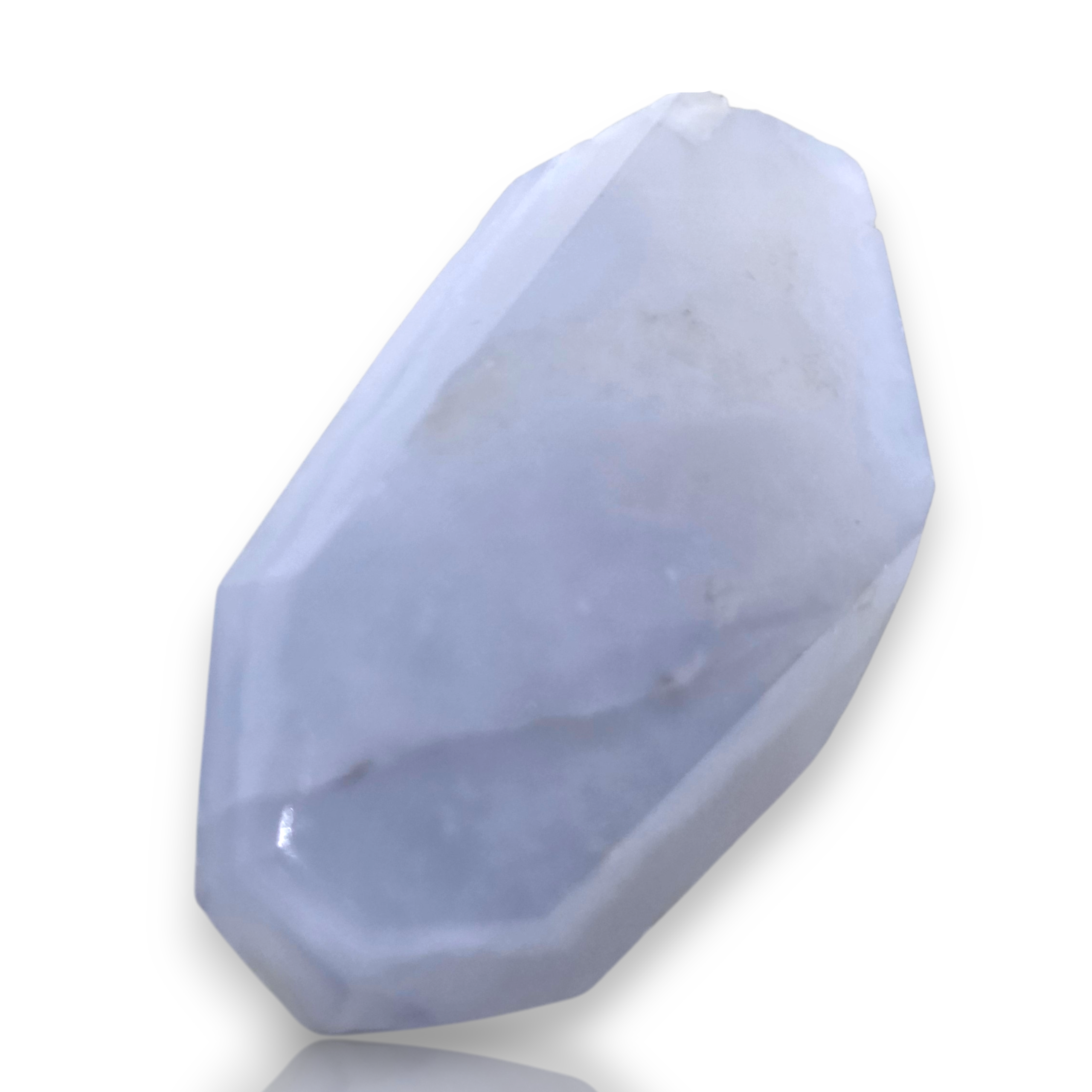 Crystal Chrysalis Haus A faceted, polished crystal stone with a pale lavender-blue hue, displayed on a clean white background 
