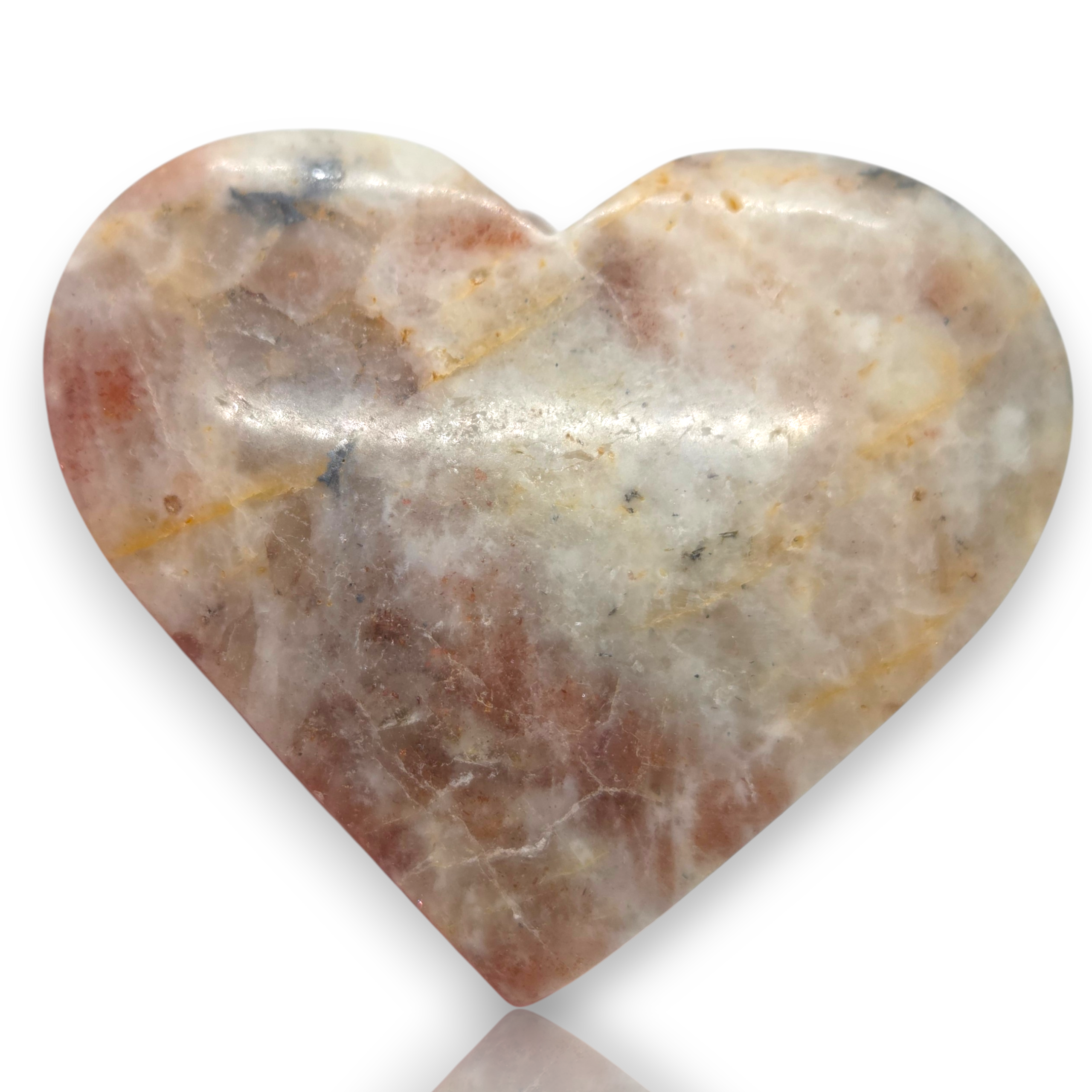 Crystal Chrysalis Haus A heart-shaped polished stone with marbled pink, beige, white, and brown tones, shown on a white background