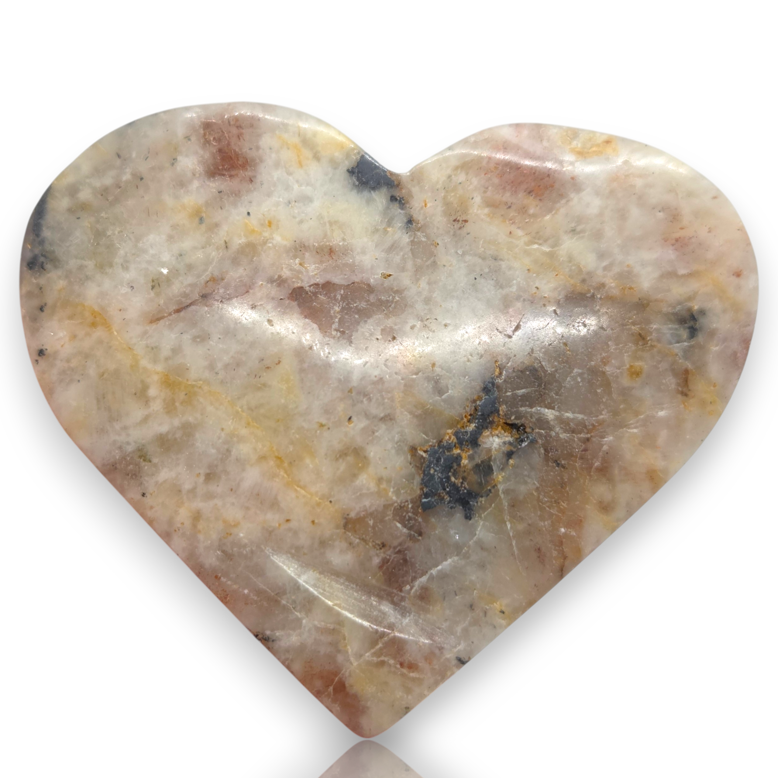 Crystal Chrysalis Haus A heart-shaped polished stone object with a marbled pattern in beige, brown, cream, and dark gray, shown on a white background