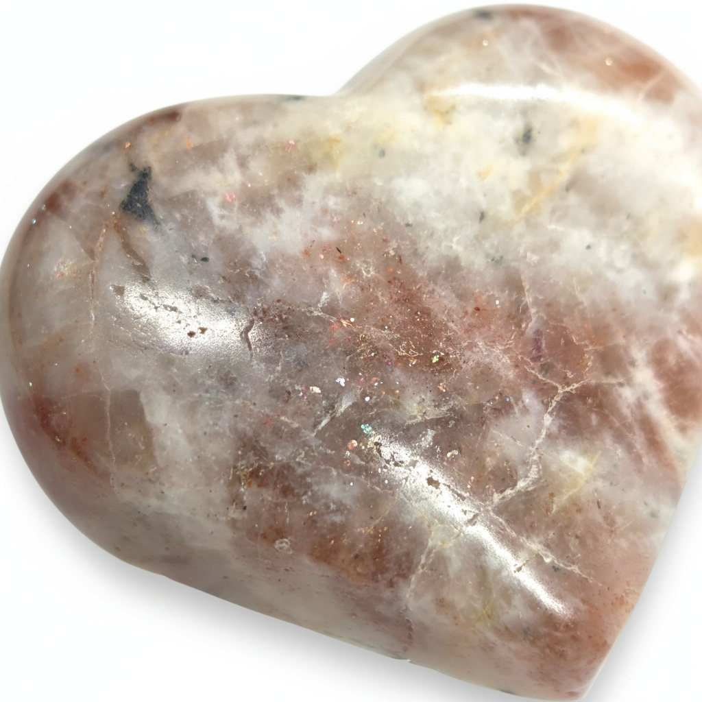 Crystal Chrysalis Haus  A close-up of a polished stone or crystal with a mottled mix of blush pink, beige, gray, and warm metallic flecks