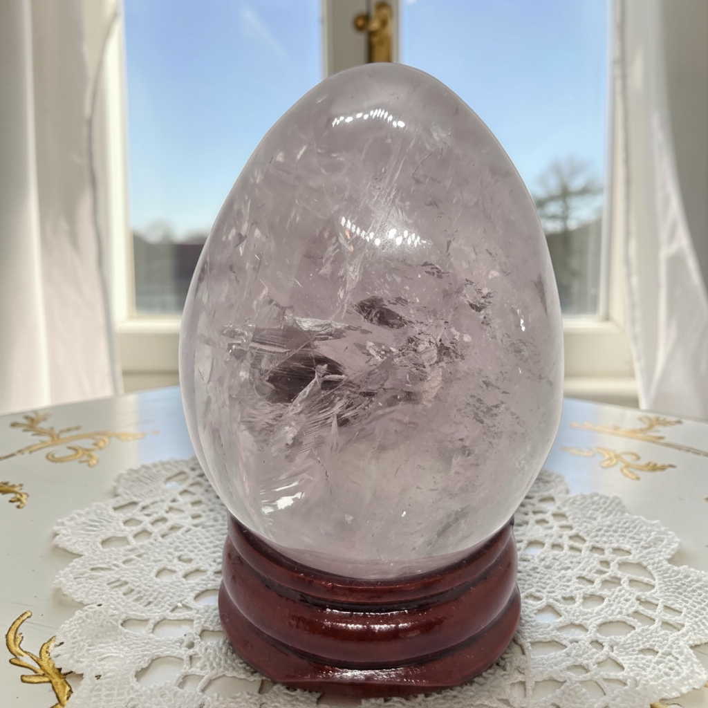 Crystal Chrysalis Haus A polished light purple crystal egg with visible internal mineral fibers, displayed on a dark reddish-brown wooden stand on a white lace doily. A window with sheer curtains and outdoor scenery is visible in the background