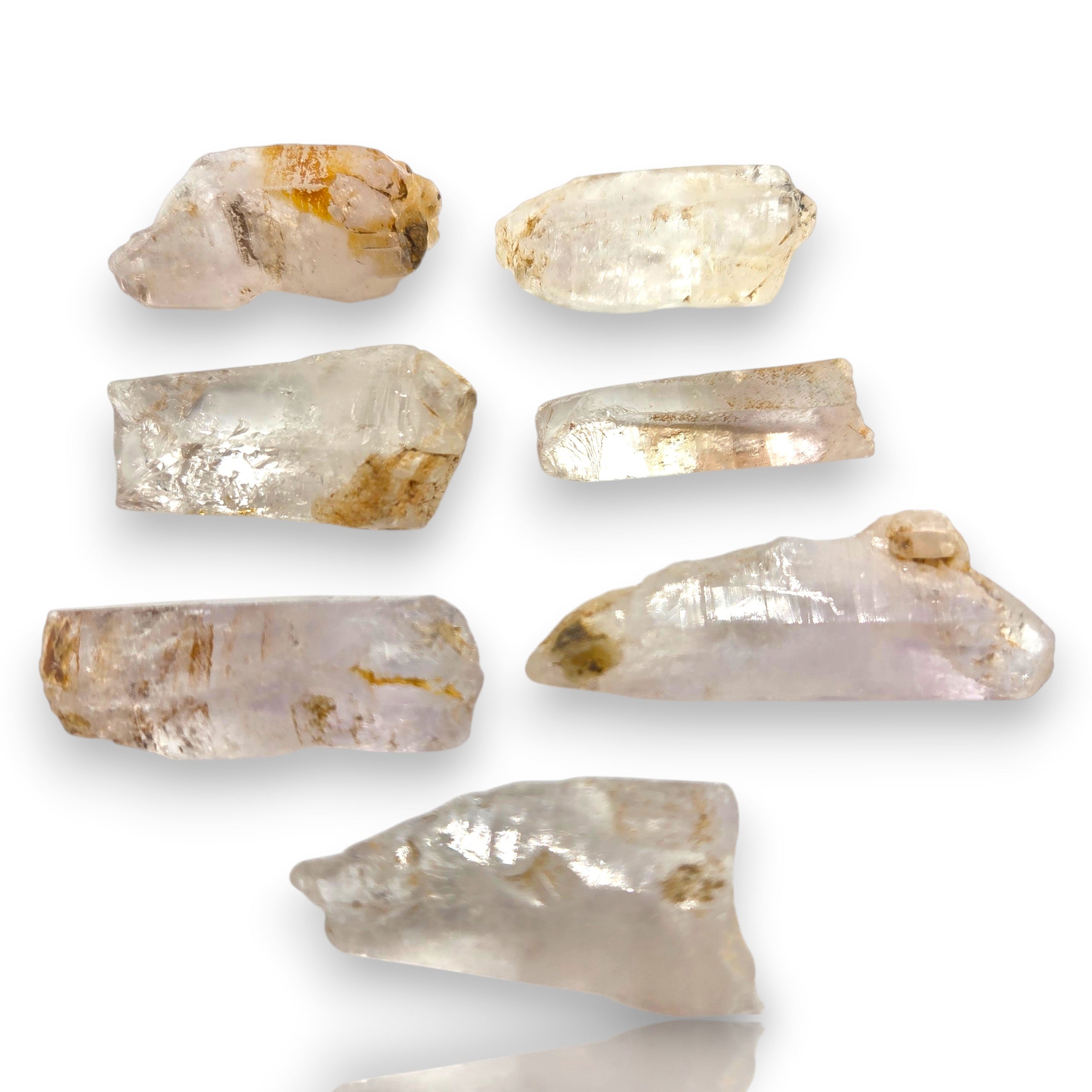 Crystal Chrysalis Haus Seven rough, unpolished natural quartz crystal fragments with various shapes and natural inclusions, displayed on a clean white background.
