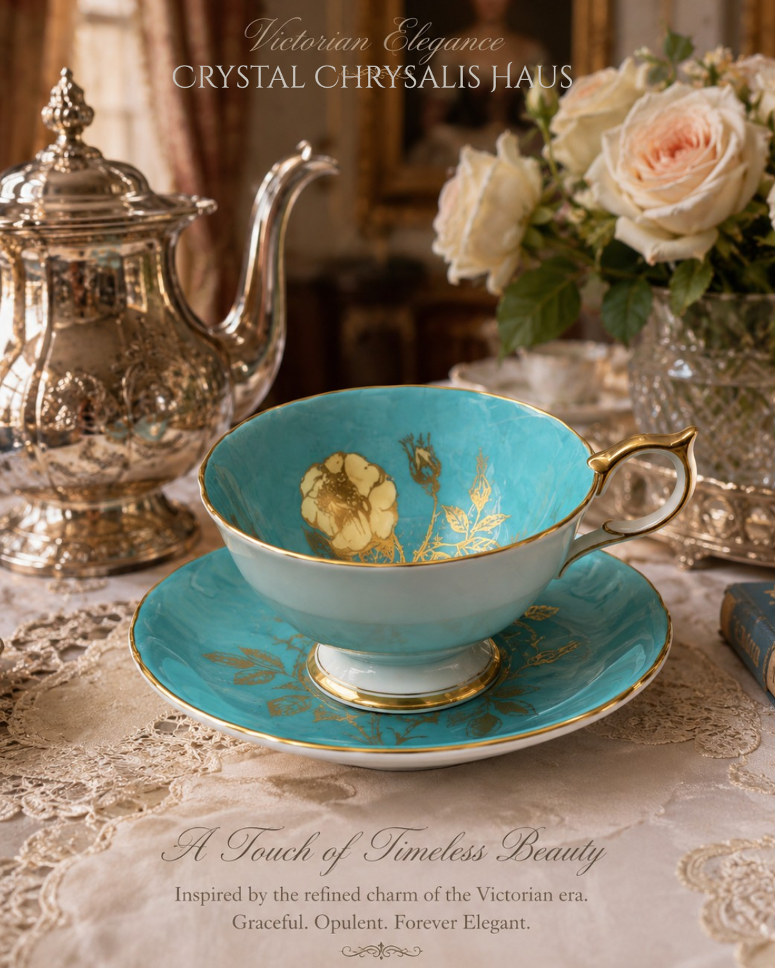 Vintage Aynsley Turquoise and Gold Wild Rose Bone China Teacup Set