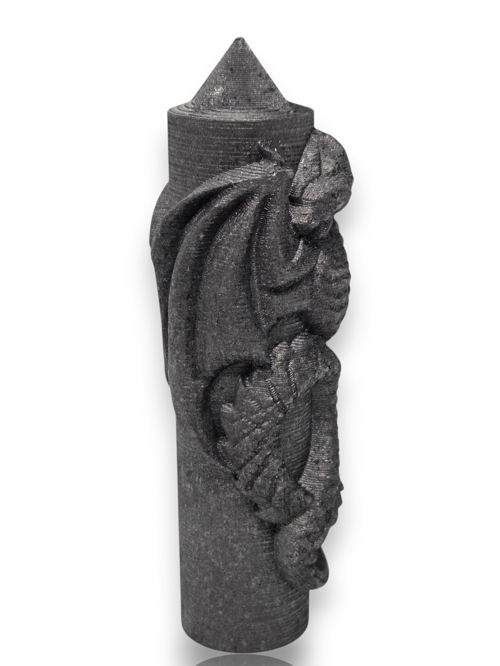 Crystal Chrysalis Haus A dark gray stone or concrete decorative finial shaped like a dragon wrapped around a pointed cylindrical top, shown on a plain white background with the text 