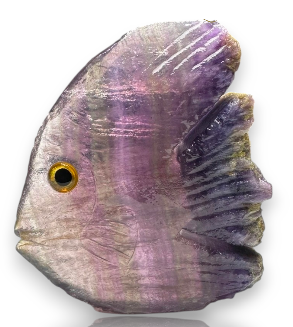 Crystal Chrysalis Haus A polished purple amethyst fish-shaped wall plaque or sculpture, featuring a realistic eye and textured crystalline surface, shown on a white background 