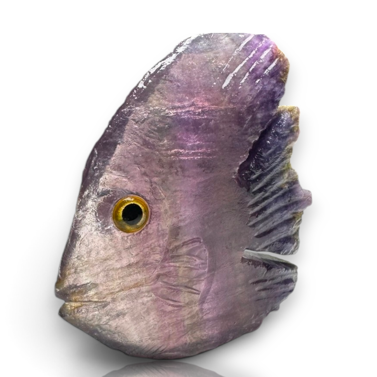 Crystal Chrysalis Haus A carved purple amethyst fish bead with a detailed eye, displayed on a clean white background 