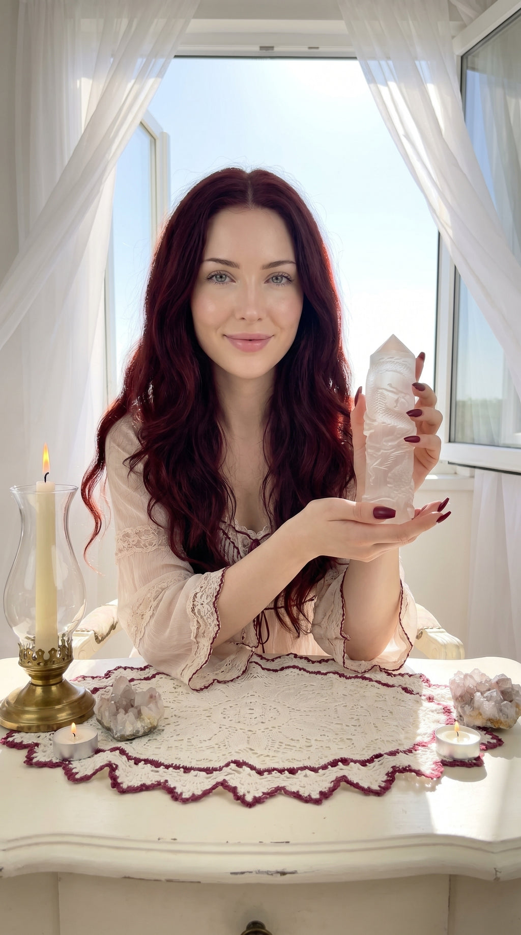 Crystal Chrysalis Haus ,A woman with long, wavy red hair sits at a white table holding a clear crystal cluster. She is wearing a light beige blouse.
