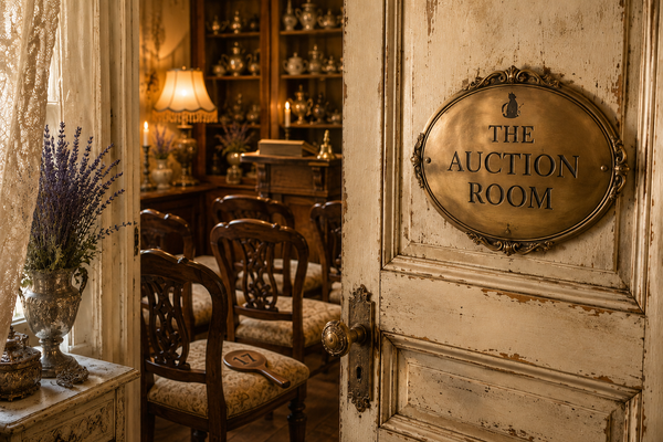 Crystal Chrysalis Haus ,A distressed cream-colored wooden door with a brass oval sign reading 'THE AUCTION ROOM' is shown open, revealing a warmly lit vintage auction room with wooden chairs, shelves, and a table lamp in the background.