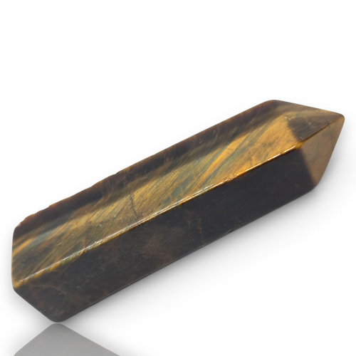 Crystal Chrysalis Haus A polished tiger's eye crystal point with natural brown and golden-brown bands, displayed on a clean white background