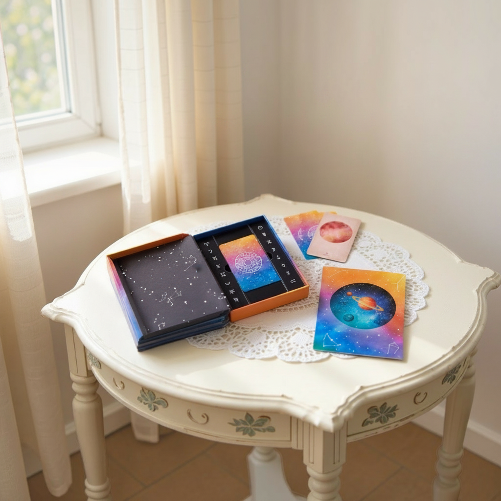 A styled product display on a vintage cream-colored table in a bright room. The set includes a book titled 'Aerana Anthology', a black notebook with a starry cover, a colorful card, and a tablet showing a cosmic gradient screen.