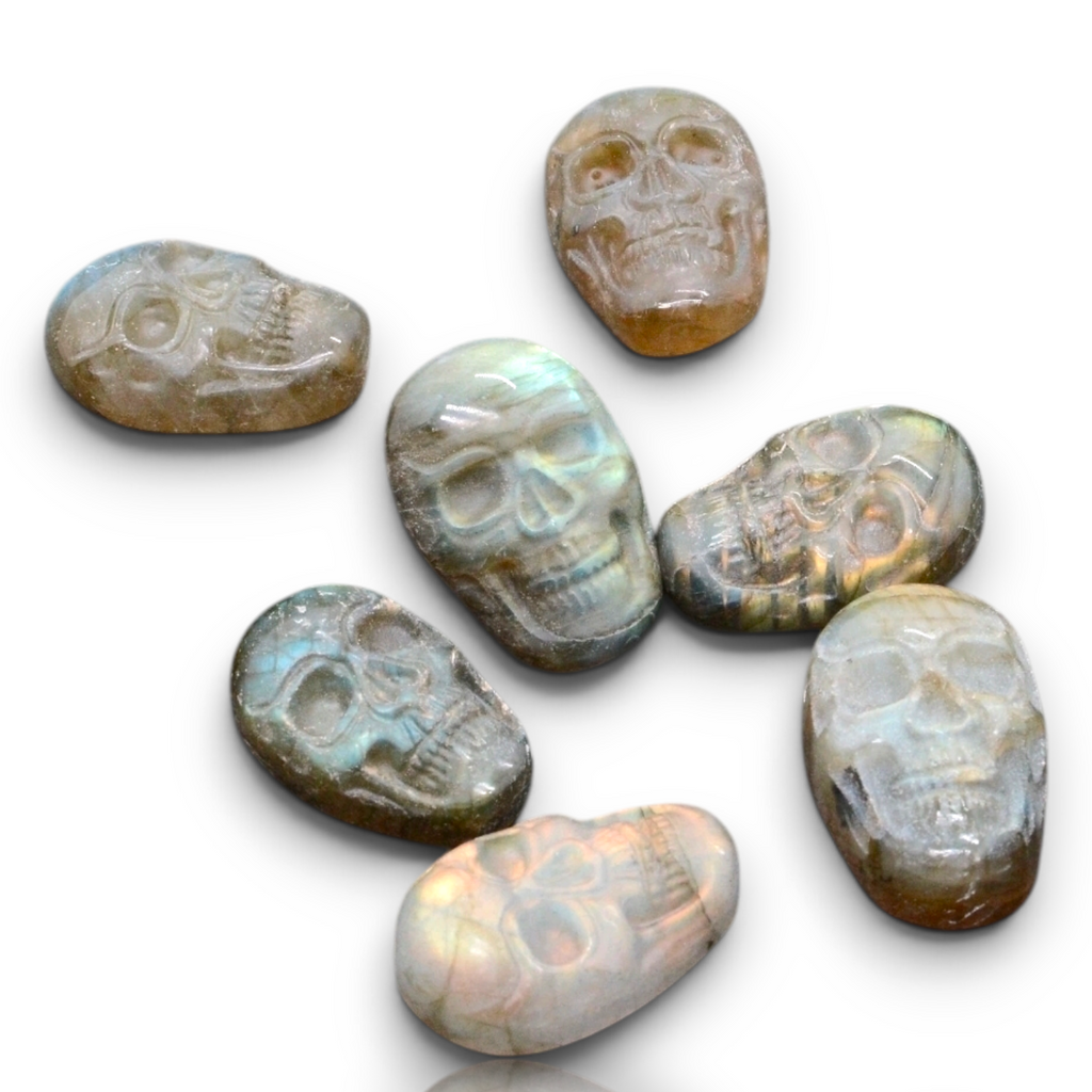 Seven polished skull-shaped gemstones with an iridescent opal-like sheen, arranged on a plain white background. 