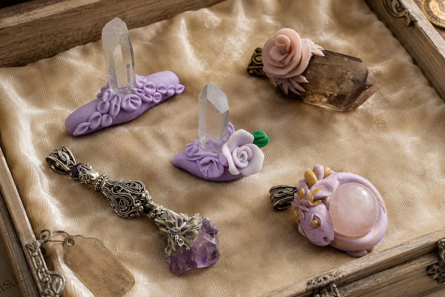Crystal Chrysalis Haus , A collection of handmade crystal and gemstone charms displayed on a beige satin lining inside a vintage wooden box. The charms include a lavender crystal cluster, a pink rose with a clear crystal, a purple flower with a clear crystal, a silver-toned ornate charm with an amethyst point, and a lavender dragon charm holding a pink stone.