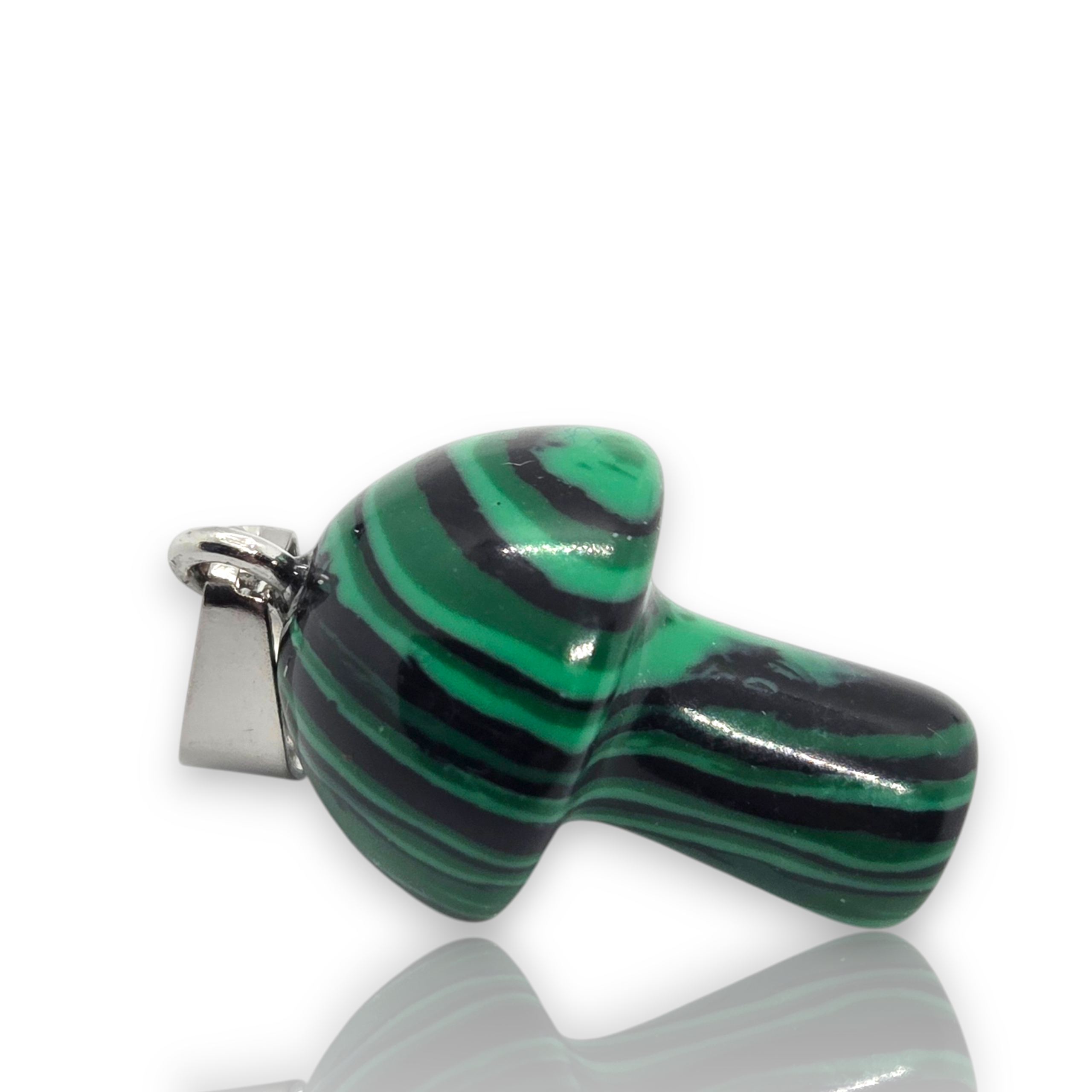 Crystal Chrysalis Haus A small green and black striped stone pendant with a silver metal clasp, shown on a clean white background with a soft reflection below.