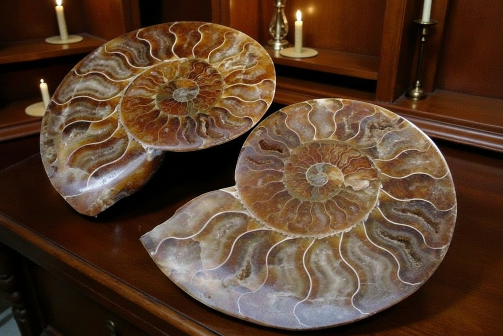 Two polished ammonite fossil plates displayed on a dark wooden cabinet with lit candles in the background. The plates show intricate spiral patterns in shades of brown, tan, and cream.